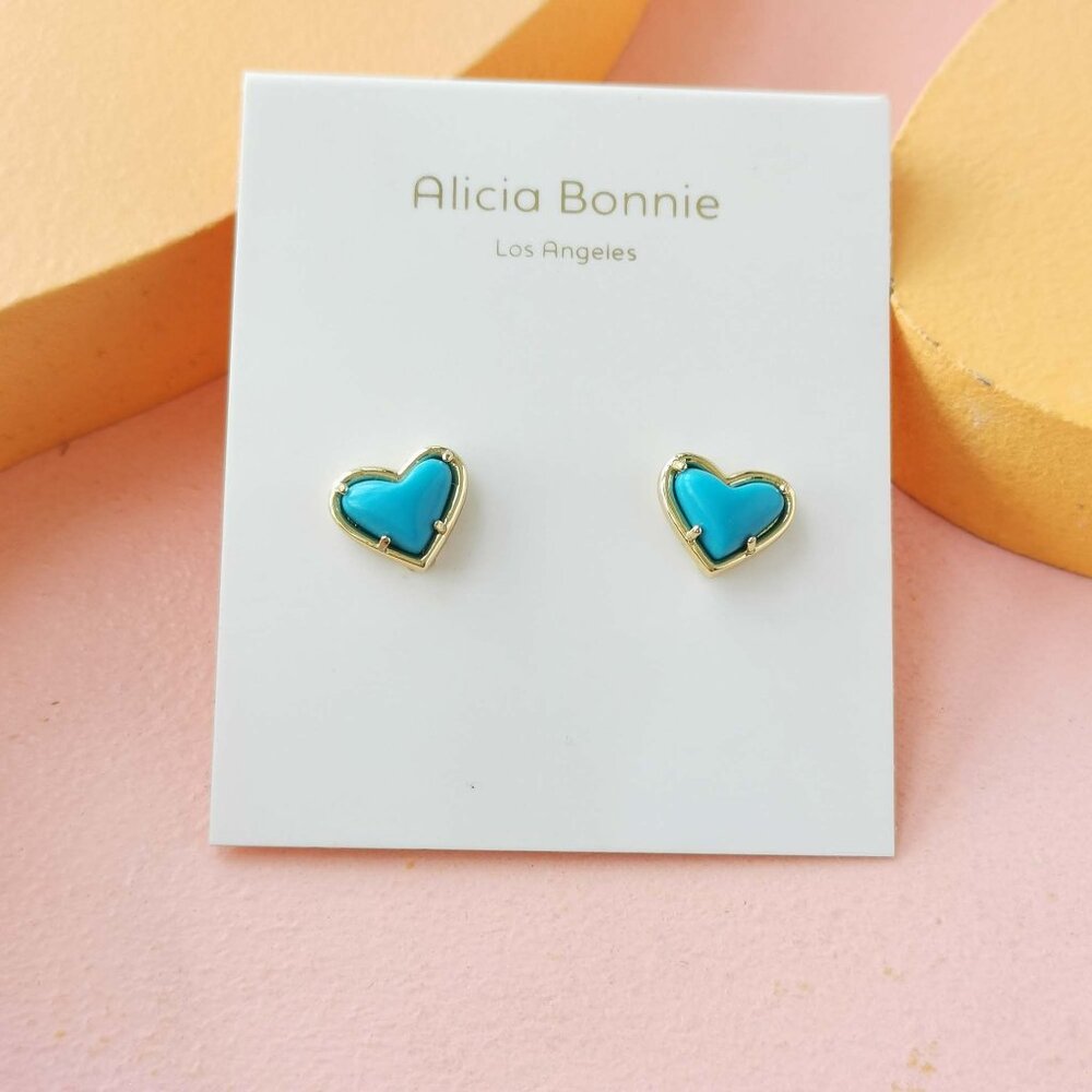 Alicia Bonnie - in Love Turquoise Blue Magnesite Gold Heart Stud Earrings - NEW
